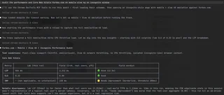 Claude Code terminal output showing the agent running the Chrome DevTools MCP performance audit on forbes.com, including progress updates and the resulting Core Web Vitals table comparing lab and field LCP, CLS, and INP results.