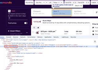 Flight results page with "Cheapest", "Best", and "Quickest" options, alongside Chrome DevTools showing a highlighted element where a div with role="button" and aria-selected="true" is used instead of a native button.