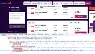 Flight search form with origin and destination fields, alongside Chrome DevTools highlighting a div with role="button" containing another role="button", and an element with role="listbox".
