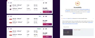 A split-screen view of a web development audit. The left side displays a flight booking interface listing three travel options. The right side shows the Lighthouse accessibility audit panel with a score of 88/100. It displays an ARIA error stating that "button, link, and menu item elements do not have accessible names".