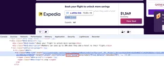 Flight results page with a sponsored Expedia deal, alongside Chrome DevTools highlighting a link element with role="group" and aria-label="Price details", indicating misuse of ARIA roles on a clickable link.