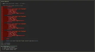 Terminal displaying an "Action Required" prompt to apply a code change in a file named flight_search.html. A menu lists options for accepting the changes, including "Allow once," "Allow for this session," "Modify with external editor," and "No, suggest changes