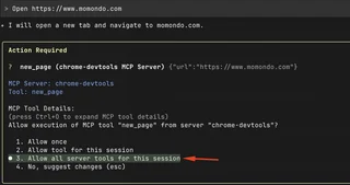 Execution of the Chrome DevTools MCP "new_page" tool for https://www.momondo.com, with options including "Allow once", "Allow tool for this session", and "Allow all server tools for this session", the last option highlighted.