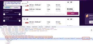 Flight filters panel with take-off and landing time options, alongside Chrome DevTools highlighting a radio input and label using role="radio", showing redundant ARIA on native form controls.